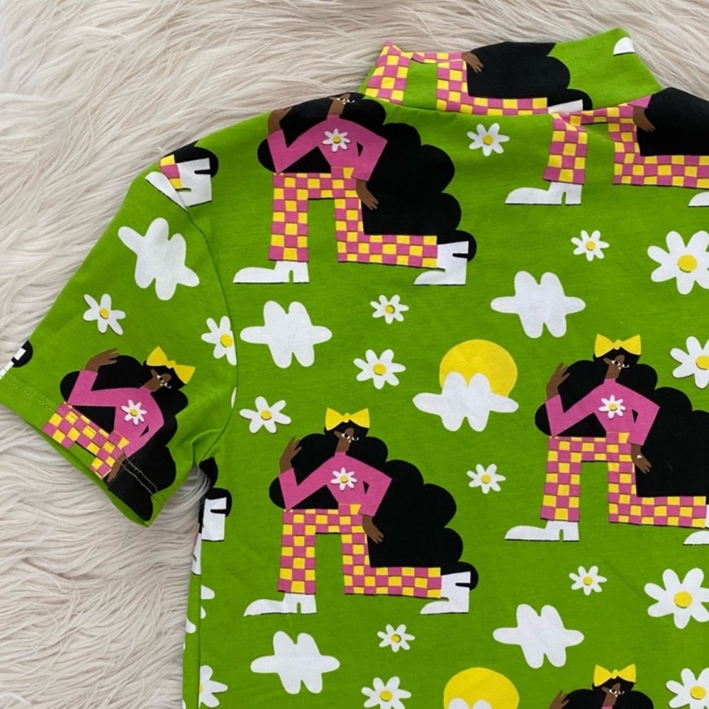 Nooworks Green Short Sleeve Mock Neck Pink Groovy Checkered Ladies Shirt Top - Picture 7 of 9